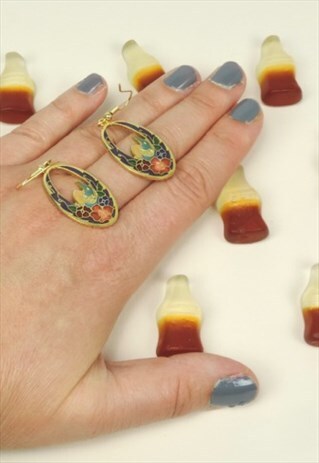 1980S BIRD EARRINGS, CLOISONNE, ENAMEL, FLOWER HOOKS