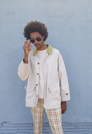 90S PREPPY HERITAGE FLANNEL LINED CORD COLLAR CHORE JACKET