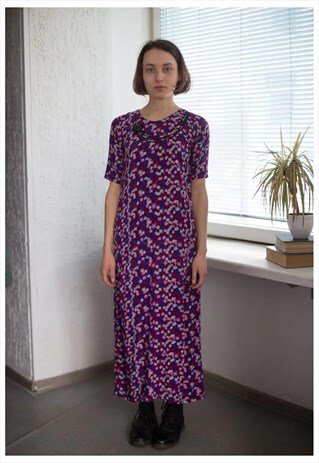 VINTAGE 70'S MAXI PATTERNED SHORT SLEEVED DRESS