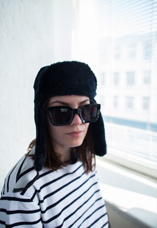 VINTAGE 70'S BLACK FAUX FUR DETAIL PILOT STYLE HAT