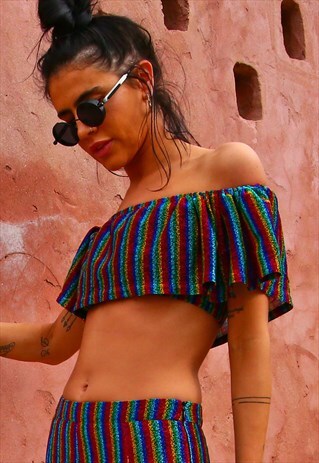 MAGNETISM GLITTER STRIPE BARDOT CROP TOP