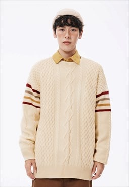 Cable knitted sweater classic jumper preppy top in cream