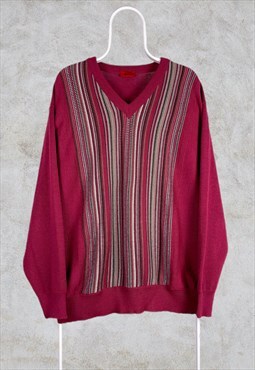 Vintage Gabicci Red Striped Wool Jumper Patterned V-Neck XXL