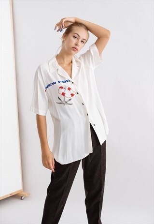 VINTAGE RELAXED FIT MARINE PATTERN SHIRT IN CREAM WHITE M