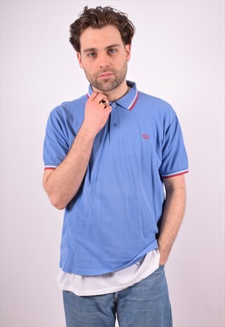 FRED PERRY MENS VINTAGE POLO SHIRT LARGE BLUE 90S
