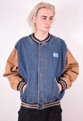 MENS VINTAGE DENIM VARSITY JACKET XL BLUE 90S