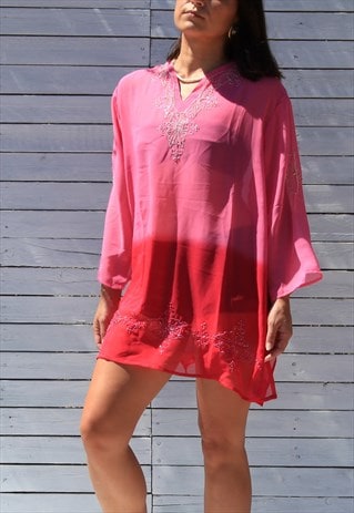 Crool y2k stock pink embellished sheer see-through tunic top