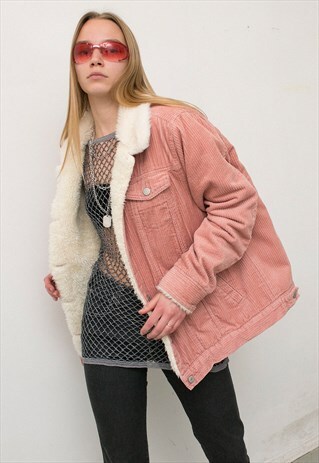 VINTAGE CORDUROY SHEARLING JACKET PINK FAUX FUR AVIATOR COAT