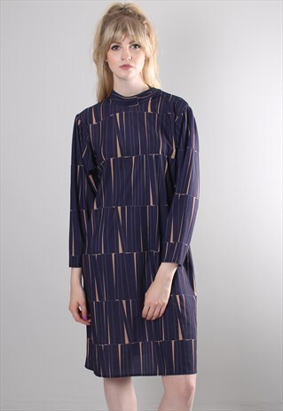 VINTAGE 80S BLUE PATTERN HIGH NECK DRESS