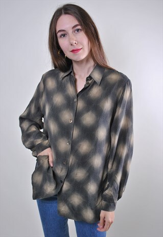 WOMAN 80S GREY LONG SLEEVE PATTERN GRUNGE BLOUSE