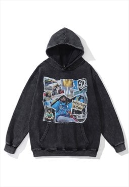J Cole print hoodie rapper pullover hip-hop top in acid grey