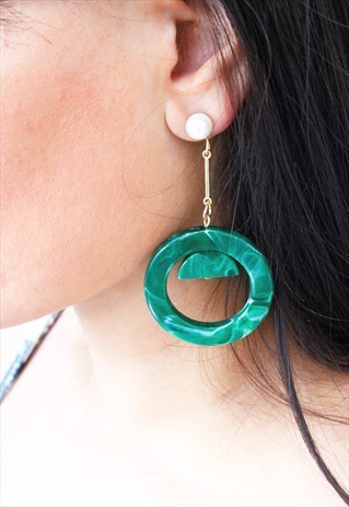 GREEN PEARL GEOMETRIC ACRYLIC DROP DANGLE EARRINGS