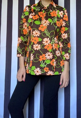 VINTAGE 70S FLORAL MULTICOLOURED HIPPY SHIRT TUNIC, REVIVAL