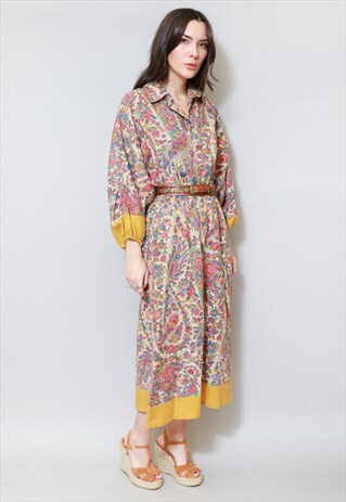 VINTAGE 1970'S GOLDEN FLORAL PRINT FOLK MIDI DRES