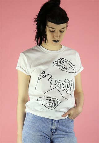 HANDS LINE DRAWING ILLUSTRATION PRINT T-SHIRT - WHITE