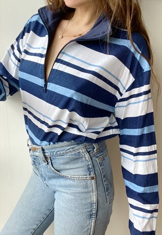 VINTAGE 90S NAUTICAL STRIPED THIN SWEATSHIRT JUMPER 1/4 ZIP