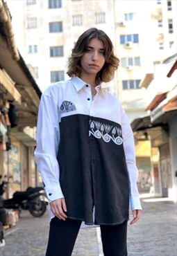 Vintage 90's Black and White Printed Oversized Shirt