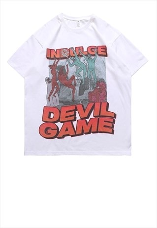 Devil print t-shirt punk tee Gothic game top in white