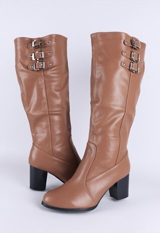 TAN BLACK HEEL KNEE HIGH BOOTS WITH BUCKLES