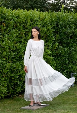 White Silk and Organza Maxi Dress