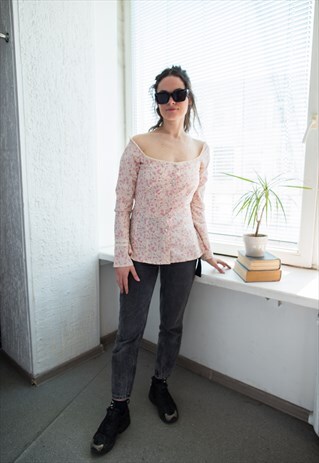 VINTAGE 70'S CREAM/PINK FLOWER PRINT SQUARE NECK BLOUSE