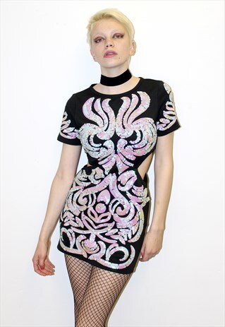 90S VINTAGE CUT OUT DRESS IRIDESCENT SEQUIN APPLIQUE PARTY