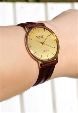 Omax Gold Face Slim Leather Watch