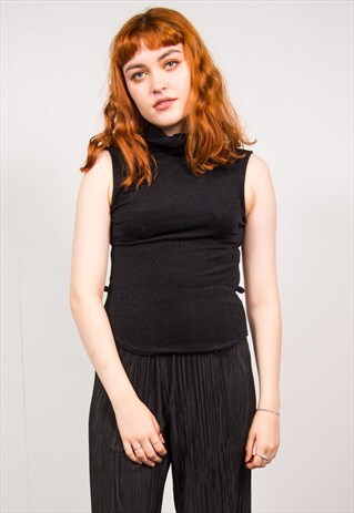 VINTAGE 90'S BLACK GLITTERY TURTLE RUFFLE NECK VEST TOP
