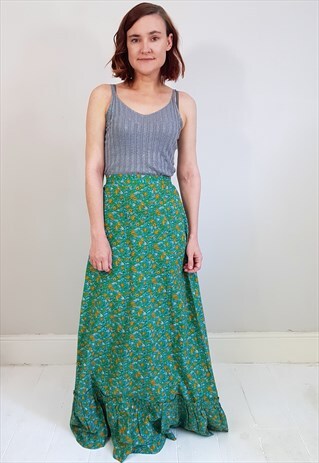 VINTAGE 70'S GREEN FLORAL MAXI SKIRT WITH FRILL HEM