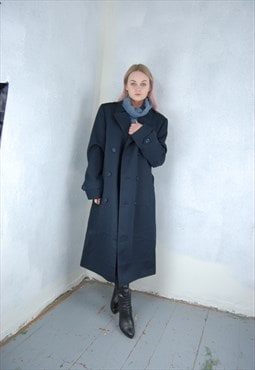 Vintage 90's baggy long trench coat unisex in dark navy