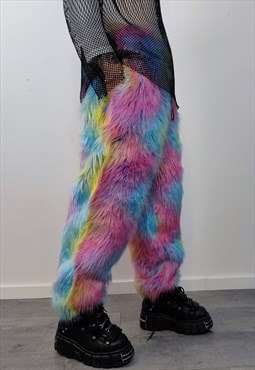 Rainbow faux fur joggers unicorn raver pants fluffy trousers