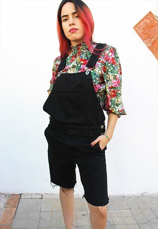 BLACK DENIM RAW EDGE DUNGAREE SHORTS