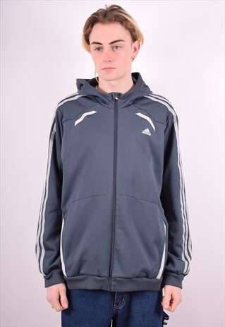 ADIDAS MENS VINTAGE HOODIE JACKET LARGE GREY 90S
