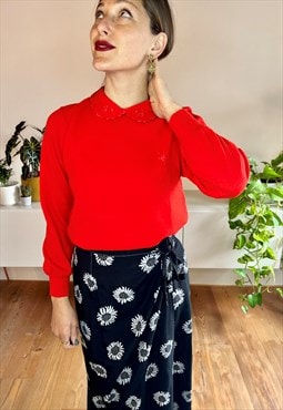 1960's vintage cherry red pullover with scalloped collar 