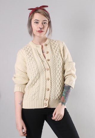VINTAGE 80S CABLE KNIT WOOL CARDIGAN