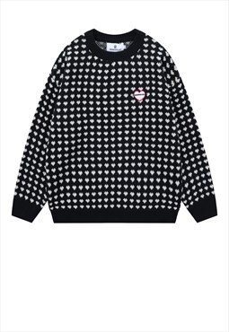 Retro heart sweater vintage pattern jumper 80s top in black