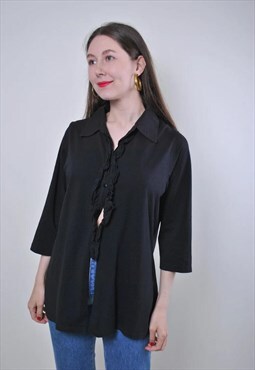 Women vintage black formal ruffled blouse 