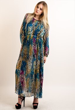 Blue leopard and floral print full length pleated maxi dress