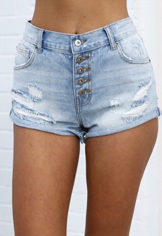 LIGHT BLUE BUTTON UP DENIM SHORTS