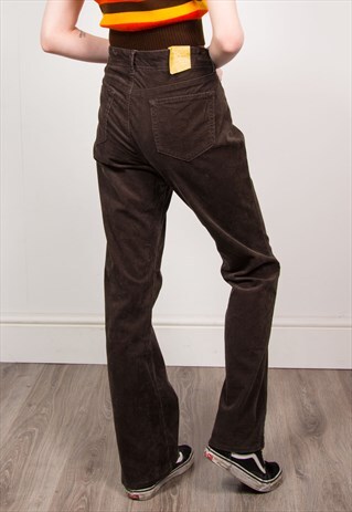 VINTAGE 70'S DARK BROWN CORD HIGH WAIST KICK FLARE TROUSERS