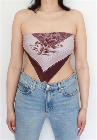 Y2K VINTAGE PURPLE PLUM FLORAL PRINT BANDANA SCARF TOP