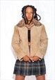 VINTAGE Y2K LEATHER JACKET W FAUX FUR COLLAR IN BEIGE SUEDE