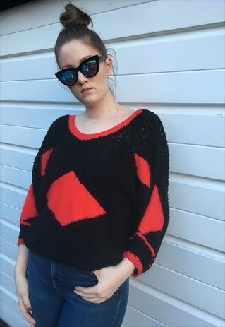 WOMENS VINTAGE 80S JUMPER RED BLACK OVERSIZED SWEATER TOP
