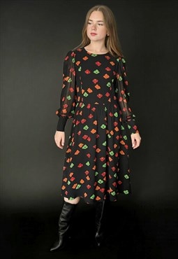 70's Vintage Black Floral Bell Sleeve Sheer Dress