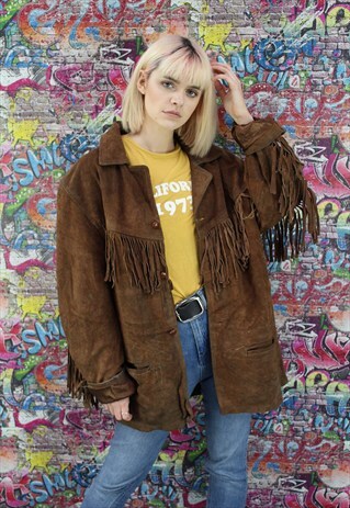 VINTAGE 70S BROWN SUEDE TASSEL FRINGED JACKET. OVERSIZED