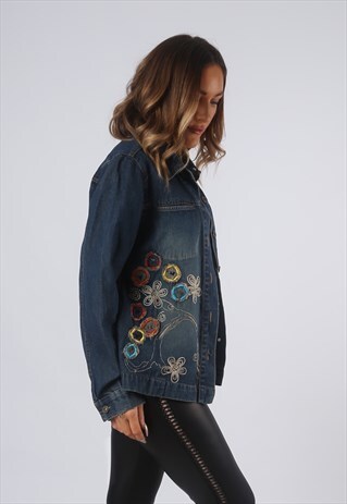 VINTAGE DENIM SHIRT STYLE JACKET EMBROIDERED UK 12 M (OAZ)