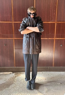 Vintage y2k rave dark brown long real leather unisex jacket