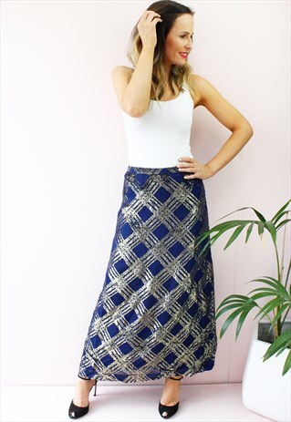 VINTAGE 80'S NAVY GOLD METALLIC A LINE MAXI SKIRT
