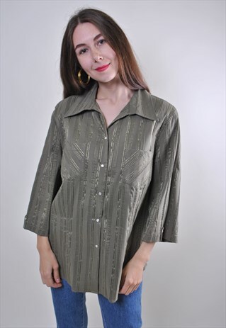 VINTAGE 3/4 SLEEVE GREEN STRIPED BLOUSE FOR WORK