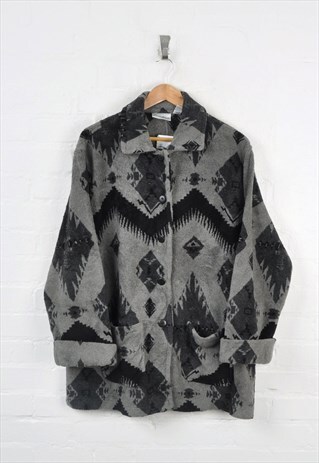 Vintage Fleece Jacket Retro Aztec Pattern Grey Ladies Large